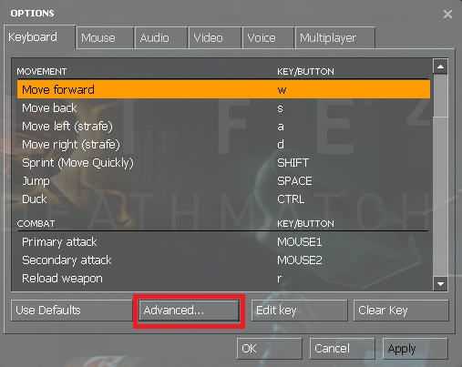 Выберите Options в меню